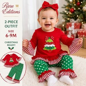 Rare Editions Pant Set Baby Girl 6-9M Red Green Christmas Tree Ruffle Holiday